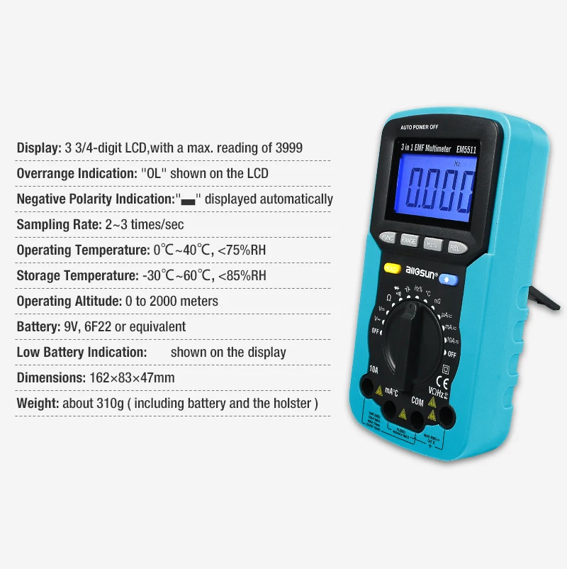 Все-солнце EM5511 EMF Цифровой мультиметр 3 в 1 EMF мультиметр Подсветка ЖК-дисплей Тестер Многофункциональный мультиметры EMF тестер