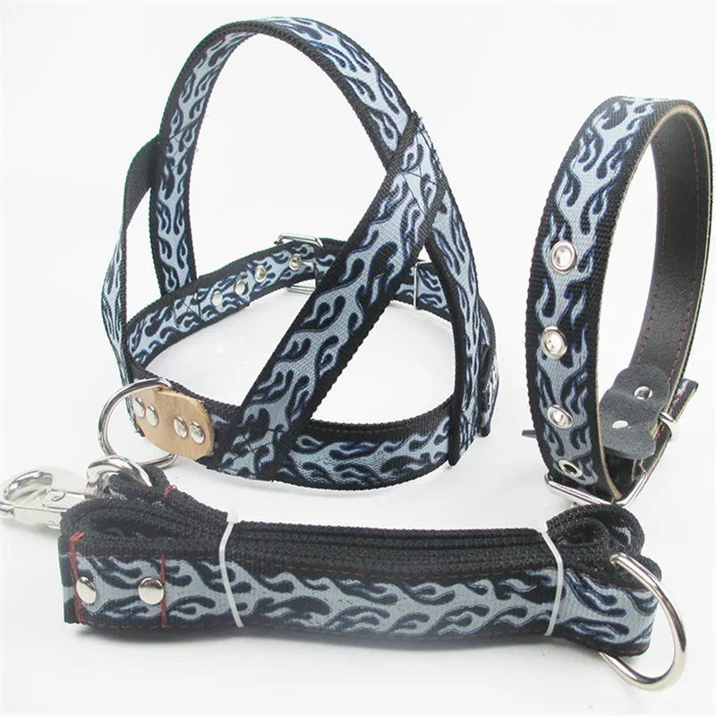 Large dog Pet collar Harness Leash sets Genuine Leather Knit Adjustable Control Leash Harness