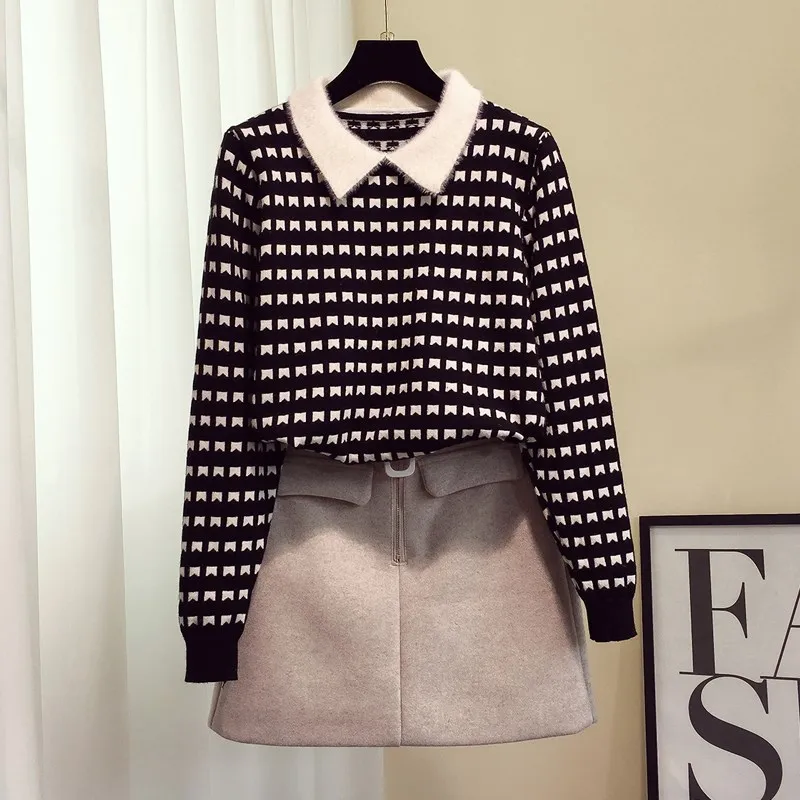 Women Sweaters Peter Pan Collar Knitted Long Sleeve Vintage Loose