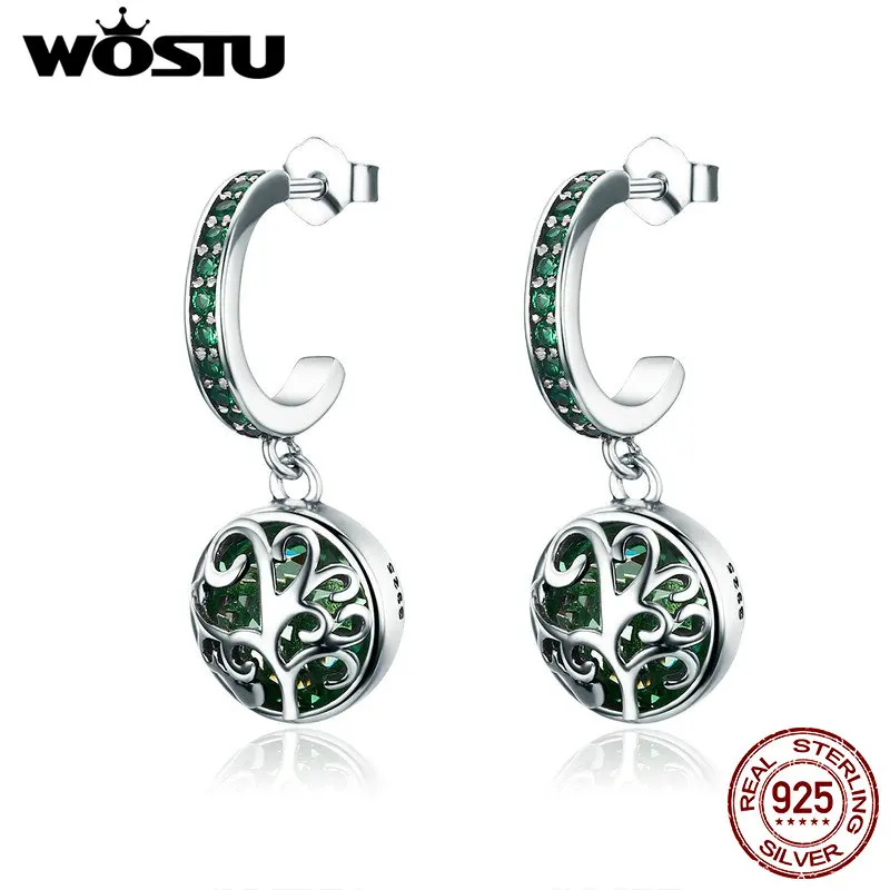 

WOSTU Spring New 100% 925 Sterling Silver Green Crystal Tree of Life Tree Leaves Drop Earrings for Women Fashion Jewelry FIE280