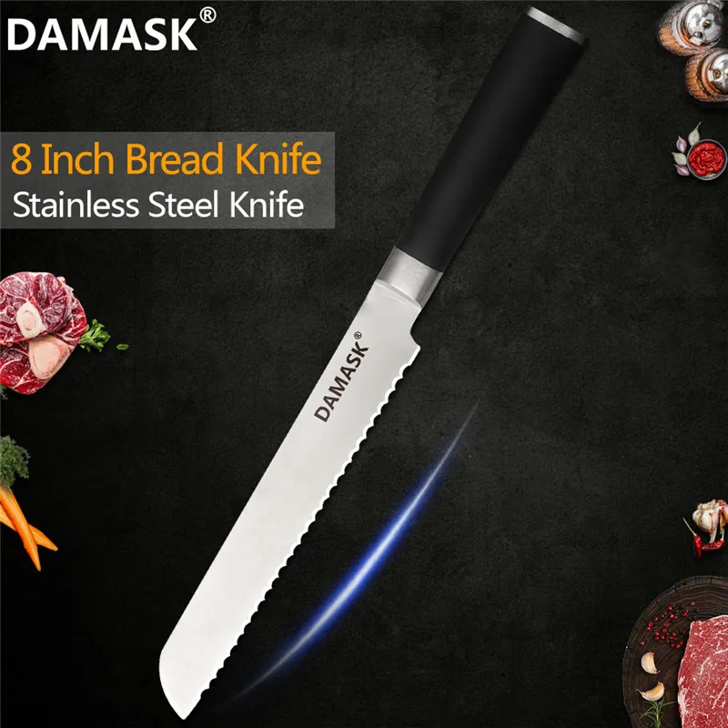 DAMASK японский набор ножей для повара 3Cr13mov лезвие из нержавеющей стали ножи Фрукты Утилита сантоку хлеб Kitcken нож кухонные инструменты - Цвет: 8 inch Bread