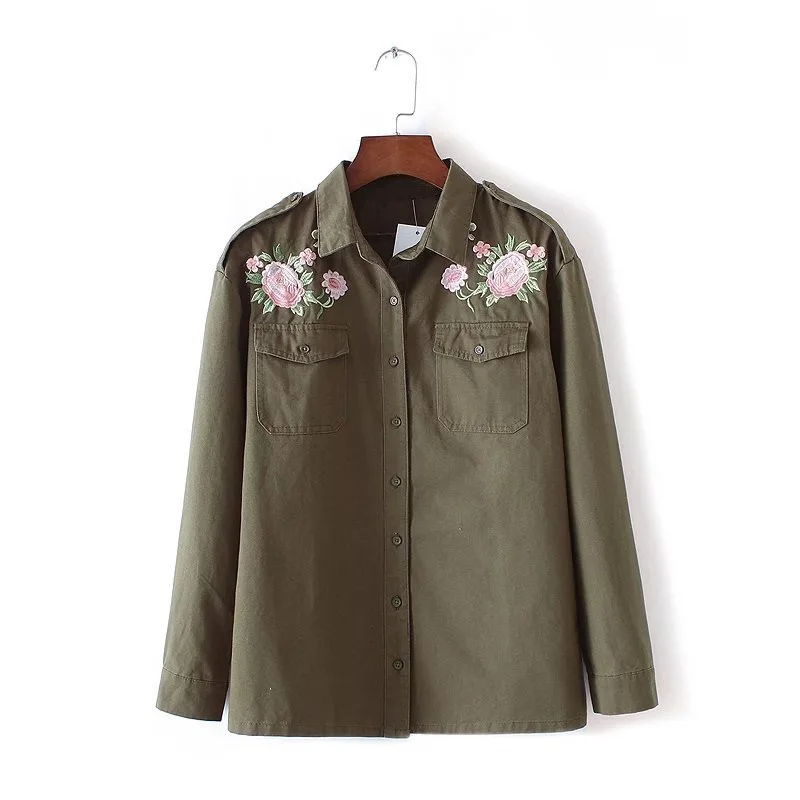 

XINGYIDA New Embroidery Floral Denim Women Blouse Single Breasted Button Handsome OL Euro Style Green Basic Floral Shirt