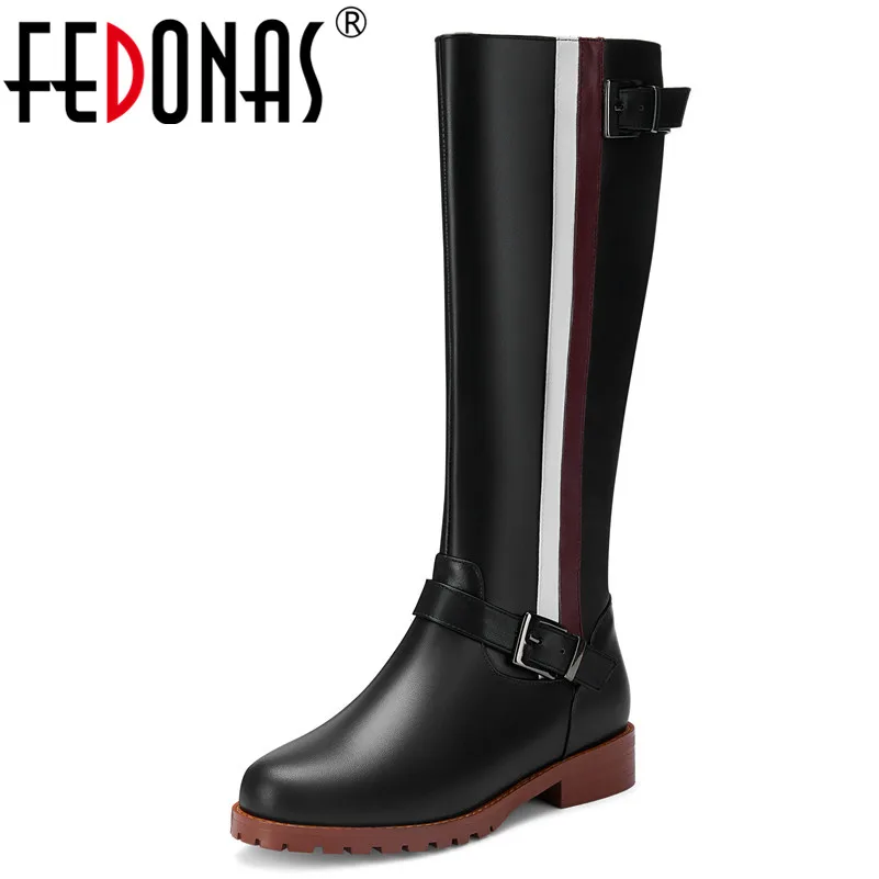 

FEDONAS 2019 New Autumn Winter Fashion Round Toe Low Heels Women Mid-calf Boots Genuine Leather Party Office Basic Shoes Woman