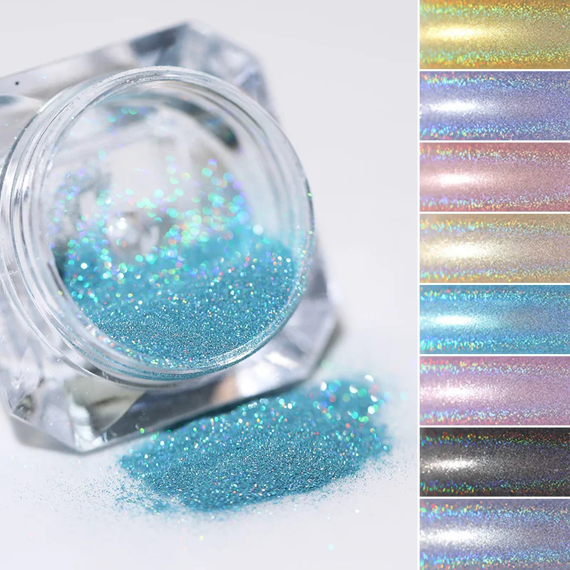 

1 Box Holographic Nail Glitter Powder 8 Colors Pink Blue Rainbow Holo Laser Shining Pigment Holo Champage Nail Art Decorations