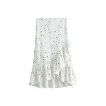 

White Ruffle Polka Dot Skirt Women Casual High Waist Asymmetrical Midi Skirt Ruffles Elegant Office Ladies Long Skirt