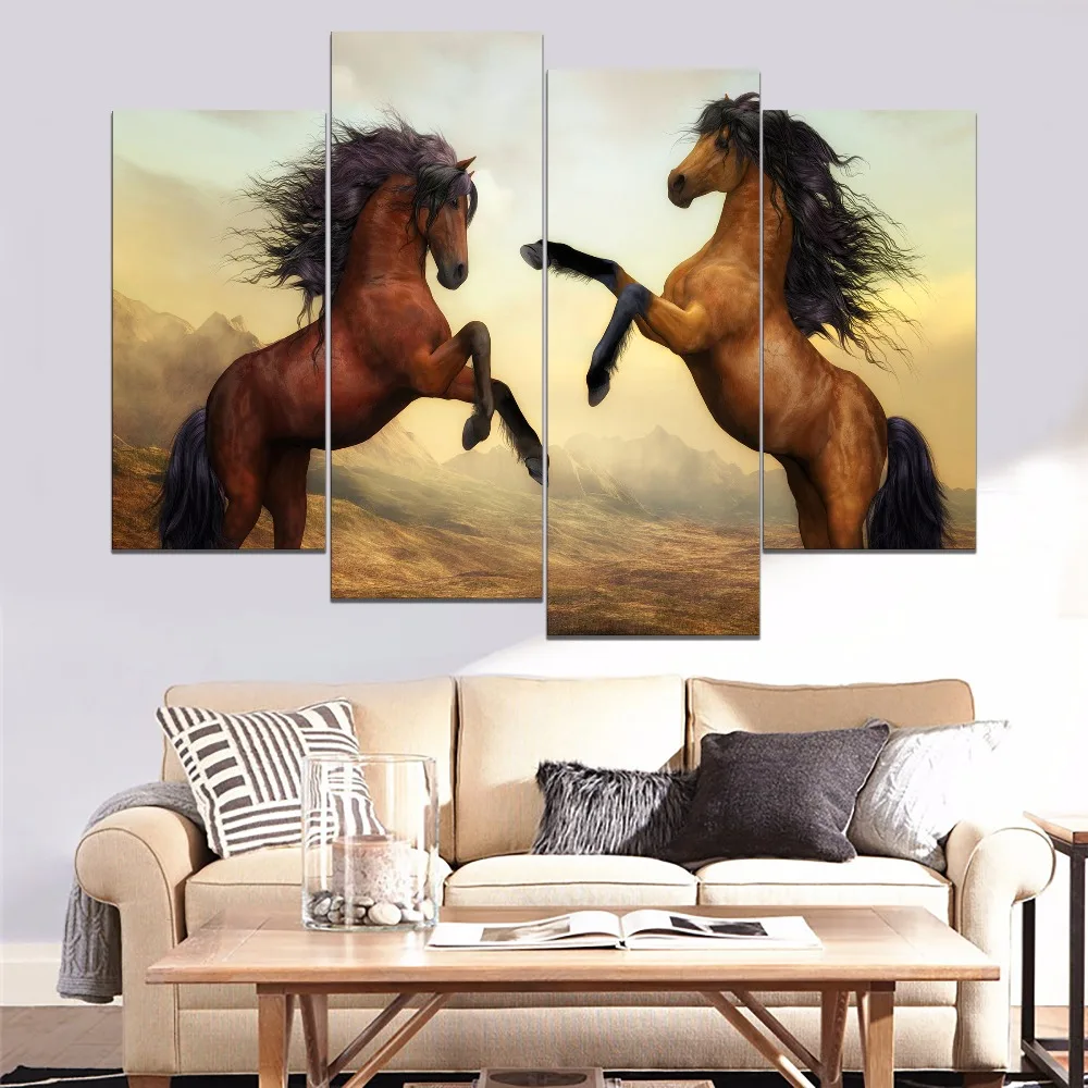 Two Horses Dance Painting 4 Piece Modular Style Animal Picture Canvas Print Type Modern Home Decorative Wall Artwork Poster | Дом и сад