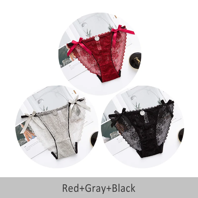 DULASI, 3 шт., Ажурные кружевные женские трусики, горячее предложение, низкая талия, бесшовное, прозрачное, Сетчатое, женские трусы, хлопковые штаны для девочек - Цвет: Red Gray Black
