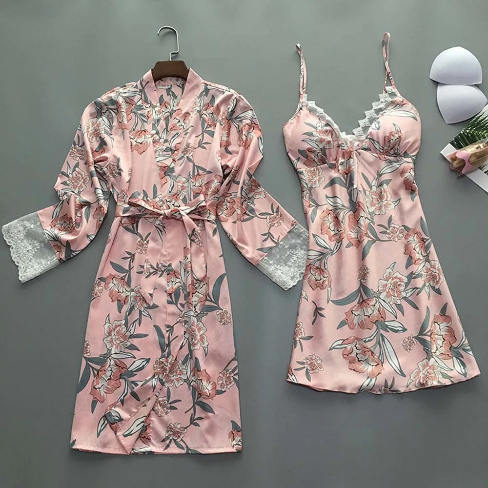Женская сексуальная ночная рубашка кимоно халат Lounge Набор Цветочный атласный шелк сексуальное белье Ночная рубашка пижамы femme