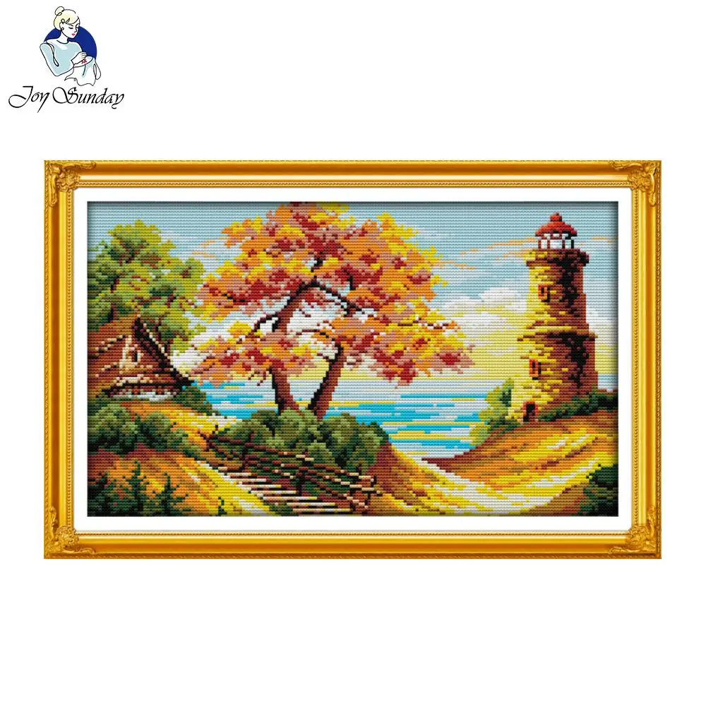 

Joy Sunday DIY Handmade Needlework Counted Cross Stitch Set Embroidery Kit The Beach Autumnal Scenery Cross-Stitching Home Decor
