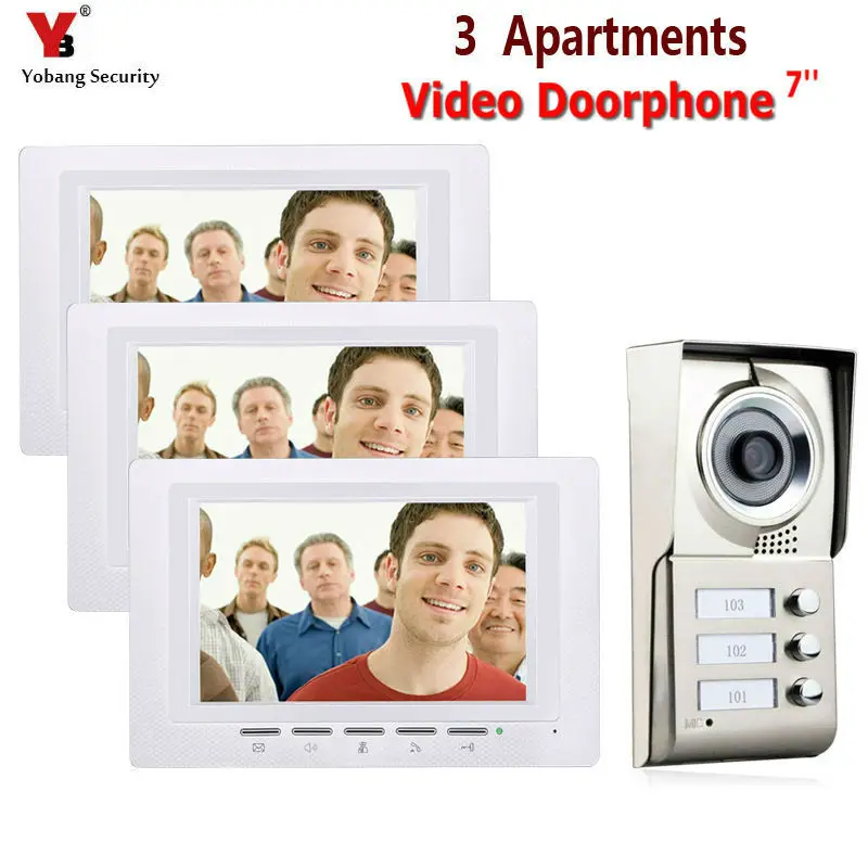 

7inch LCD 3 Apartments Video Door Phone Intercom System IR-CUT HD 1000TVL Camera Doorbell Camera with 3 button 3 Monitor