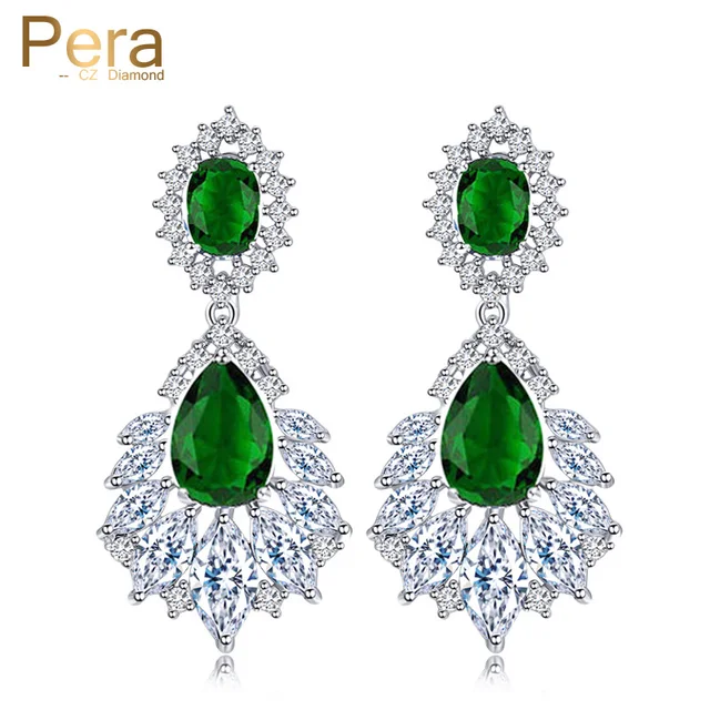 Pera Luxury Silver Color Jewelry Green Long Chandelier Cubic Pera Luxury Silver Color Jewelry Green Long Chandelier Cubic Zirconia Crystal Bridal Wedding Big Drop Earrings
