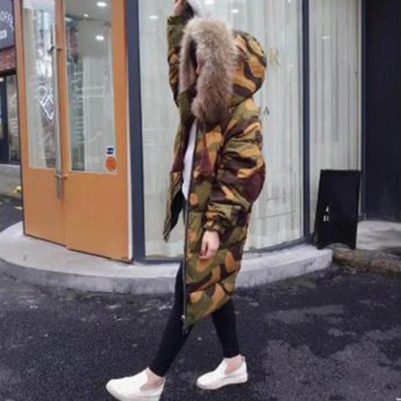 Мода действительно Лисий Мех животных подпушка MS с капюшоном теплый толстый Камуфляж для женщин Зимняя 2019 длинные хлопковое пальт