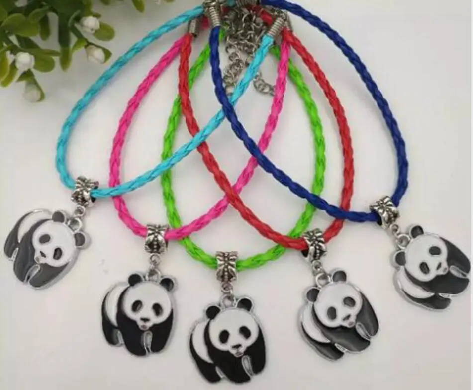 

Hot 10pcs/lot Drop Glaze Enamel Cute Panda Charm Pendant Mixed Leather Cord Bracelet DIY Women Jewelry Gift