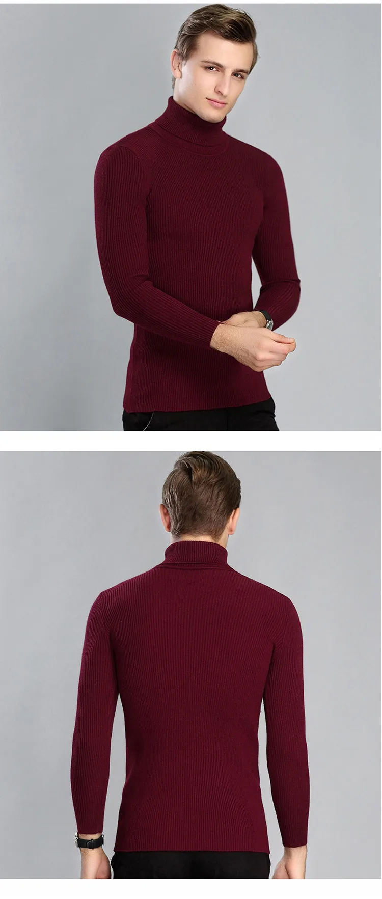 Модный осенне-зимний мужской свитер с высоким воротником Эластичный теплый вязаный пуловер мужской однотонный Повседневный джемпер