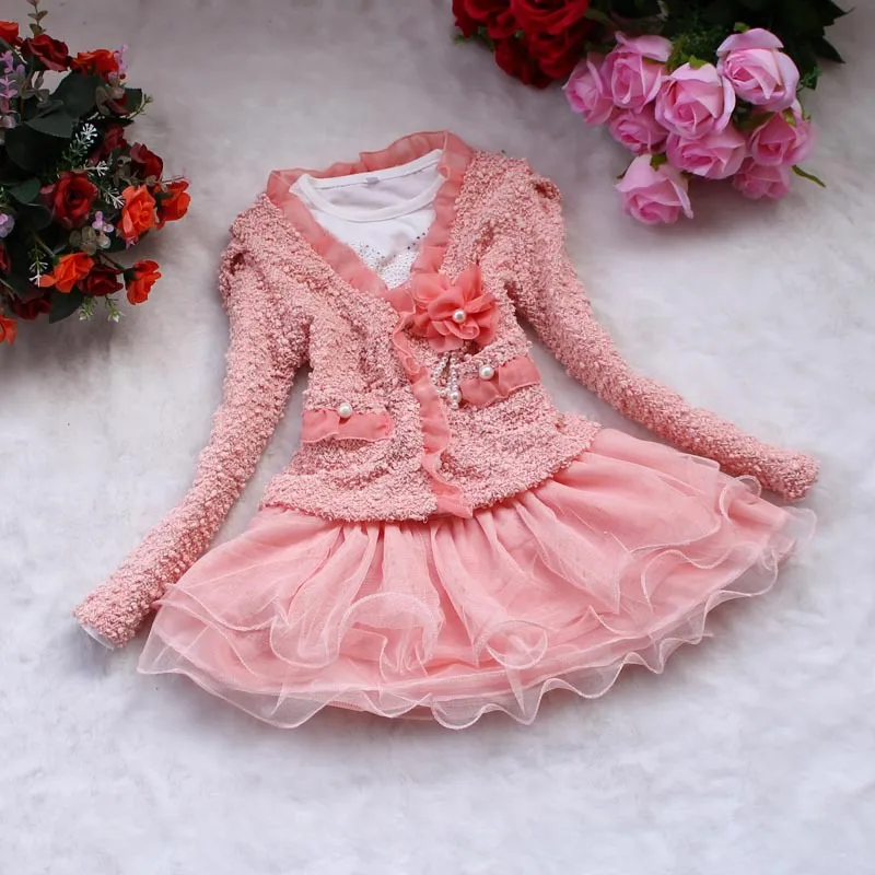 

Real Photos Cute Girls Dress Sets Pink / Beige Princess Lace Dresses Tulle Dress+ Long Shirt for girl Children