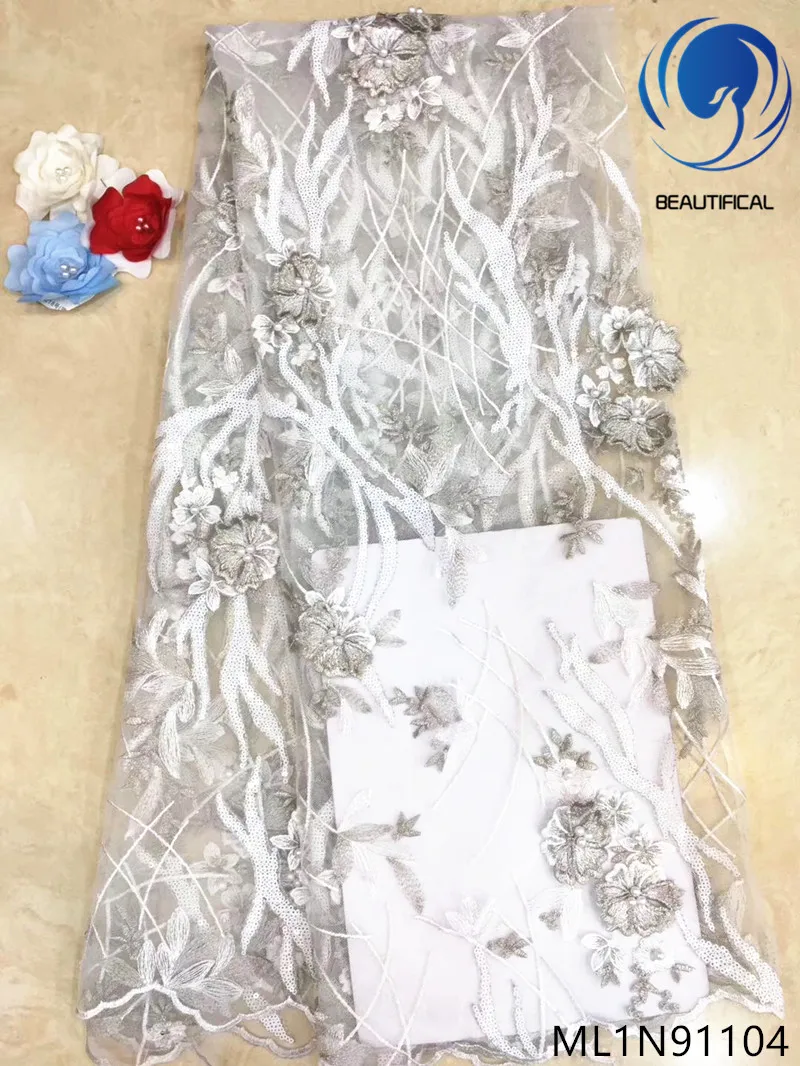 

Beautifical african lace fabrics 2019 Latest elegant embroidery net lace with beaded lace sequins fabric for dresses ML1N911