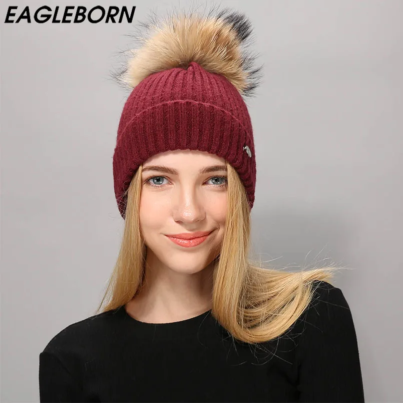 Buy EAGLEBOR Raccoon Fur Pom Poms Hat Female Warm Wool