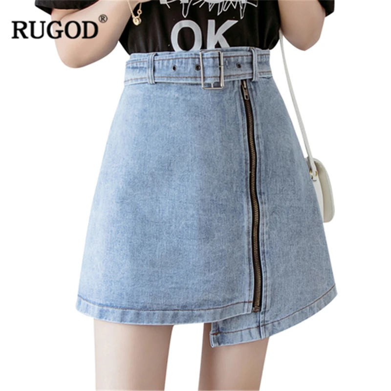 RUGOD 2022 New Arrival Summer Women Denim Skirt High Waist Zipper Fly A-line Skirt With Sash Irregular Slim Mini юбка 5-Size