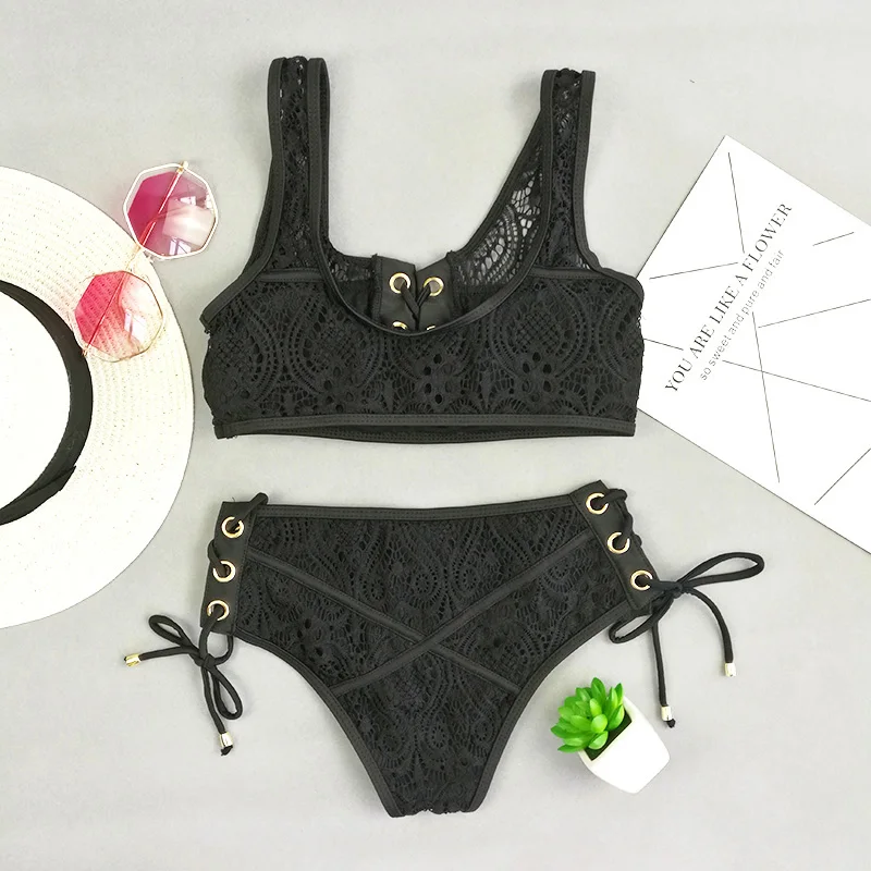 sexy Solid bikini set Swimwear women Push Up black white Lace high-waisted swimsuit beach bathing suit plus size S-XL