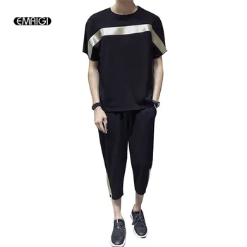 

Men 2PCS Sets (tshirt+pant) Male High Streetwear Hip Hop Loose Bat Sleeve Tees Harem Trousers Joggers Clothes