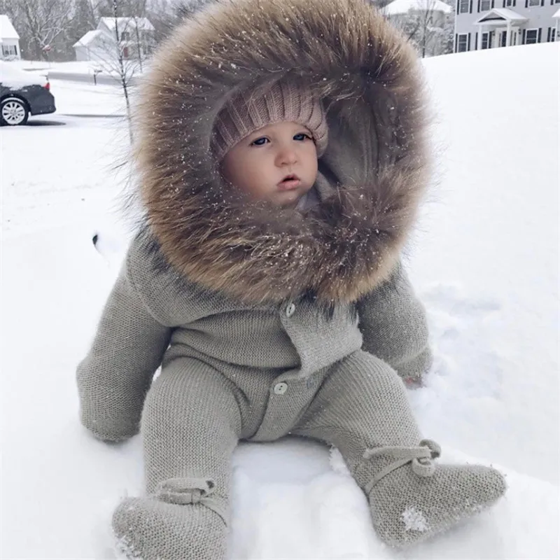 

Baby Rompers Winter Clothes Newborn Baby Boy Girl Knitted Sweater Jumpsuit Raccoon Fur Hooded Kid Toddler Outerwear Christmas