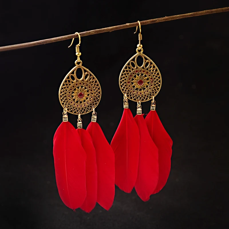 Feather Earrings for Women Long Feather Earrings for Women Red Copper 2 Pairs