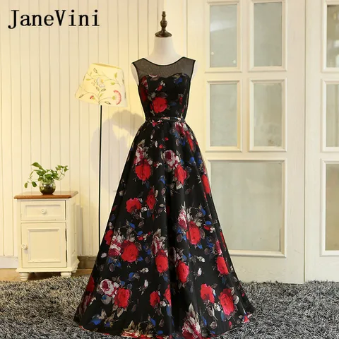 Vestidos de Baile Vestidos de Dama de Honra Vestidos de Festa de Casamento Janevini Impressão Floral Longo Tule Preto Flores Vermelhas Padrão Menina Formal 2020
