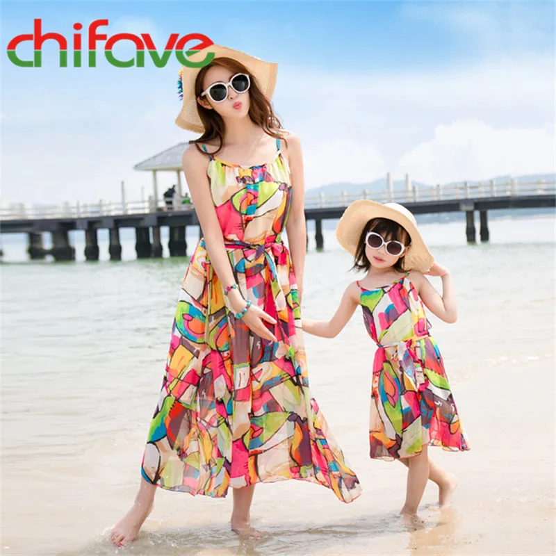 

chifave 2017 New Summer Mom Daughter Family Dress Clothing Sleeveless Ruffles Cute Girls and Mom Dress Bow Fashion Dress Clothes