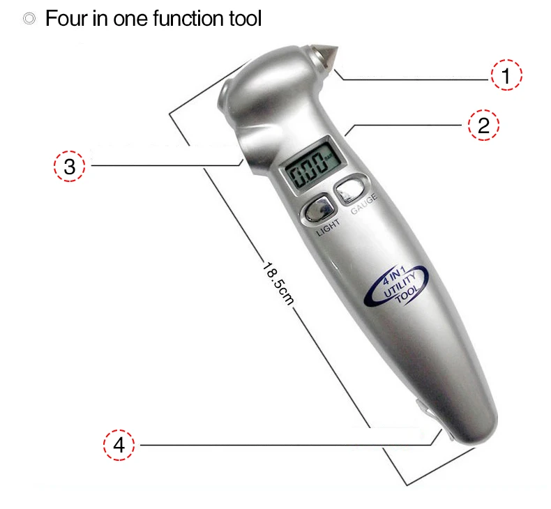 4 в 1 высокая точность цифровой ЖК-дисплей автомобильная шина шины Давление датчик измерительный прибор тестер+ Аварийные молотки+ фонарик+ резак
