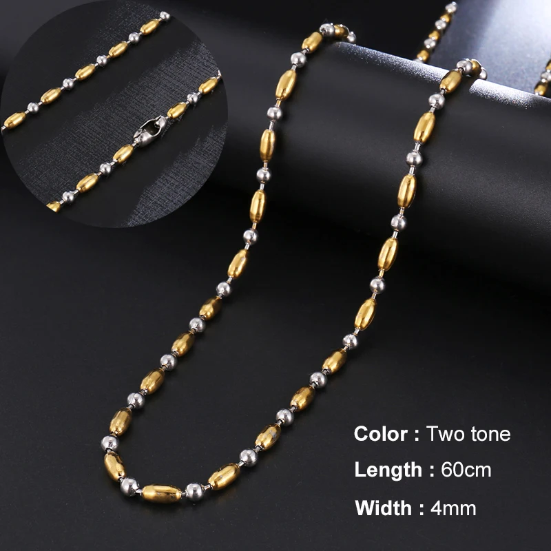 

D&Z 4mm Width Stainless Steel Beads Chain Long Necklace Two Tone Color Kolye For Men Trendy Jewelry Gift