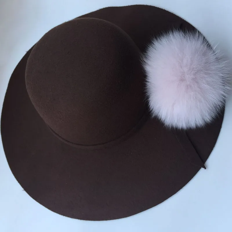 Высококачественные модные новые винтажные женские гибкие широкие поля с натуральным лисьим помпоном фетровая шляпа Федора