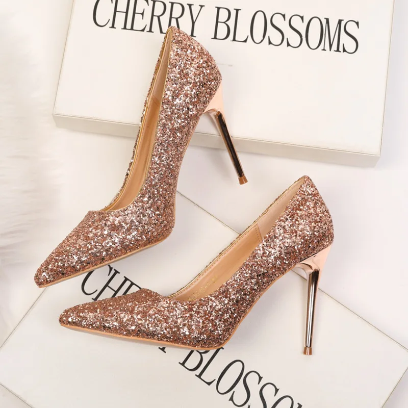 

Women's Shoes High-heeled Shallow Mouth Pointed Sparkle Sequins Sexy Thin Nightclub High Heels Single Shoes