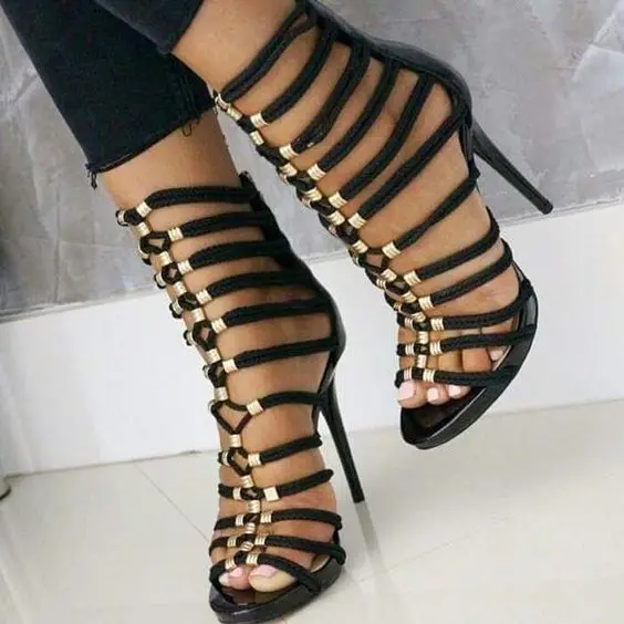 

High quality black leather ankle strap high heel sandal sexy open toe woman high heel shoes 2017 gladiator sandal