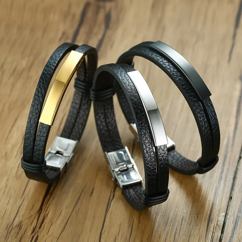 LETAPI-New-Brand-Gold-Color-Silver-Black-Stainless-Steel-ID-Tag-Male-Bracelets-Genuine-Leather-Bangle