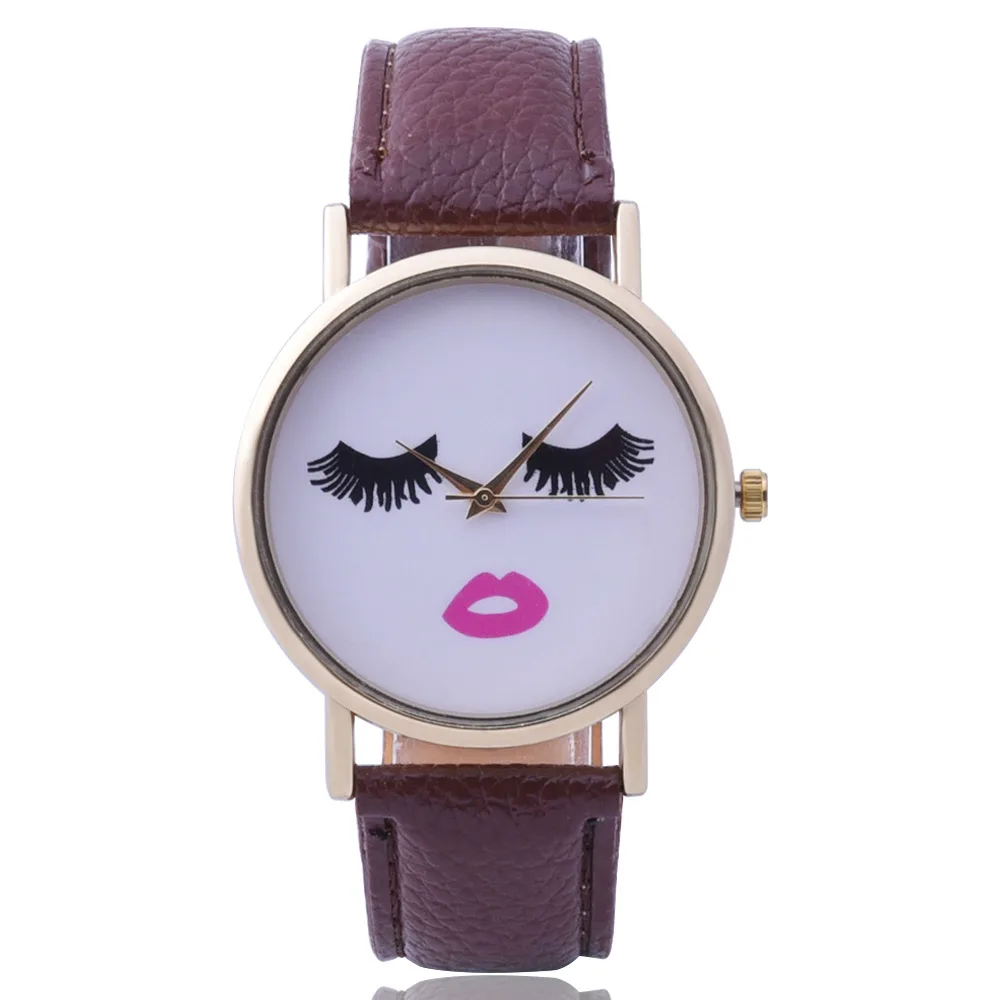 

2019 New Fashion Eyelashes Red Lips Women Watch Leather Strap Analog Dial Quartz Watch Party Party Gift