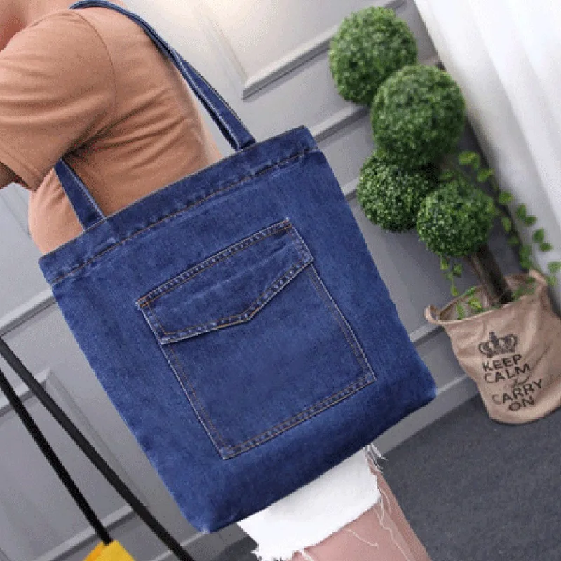 

Fashion Women Denim Casual Tote Canvas Shoulder Bags Teenager Girls Front Pocket Jean Bag Cowboy Shopping Bag Blue Beach Handbag