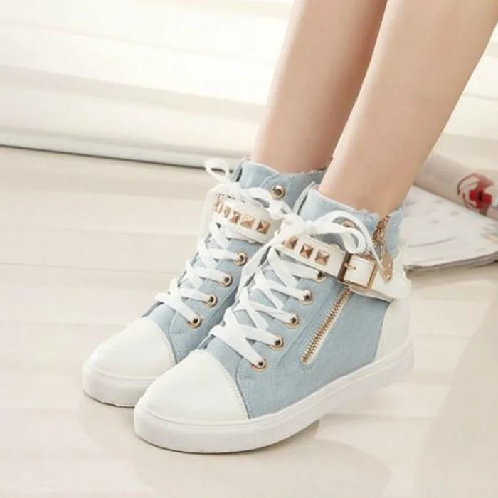 

Women Vulcanize Shoes Canvas Lace Up High Heel Wedge High Top Women Shoes Leisure Girls Woman Walking Trainers Shoes
