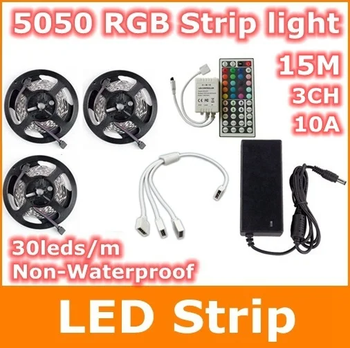 

15M 5050 RGB LED strip light non waterproof led light 15M flexible rgb diode led tape set+Remote Control+Power Adapter