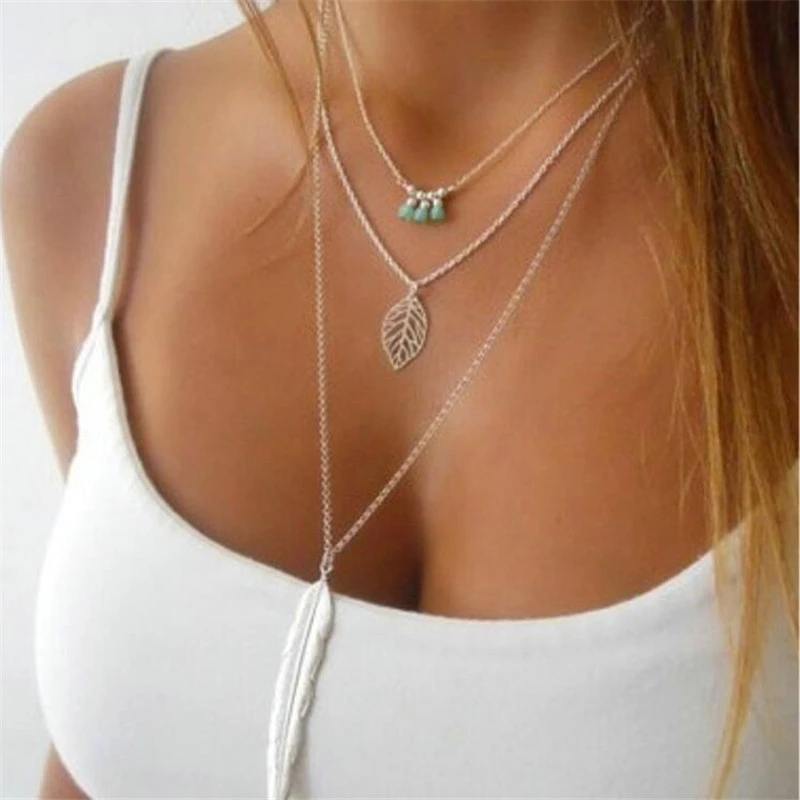 

New Fashion 3-Layer Leaf Chain Necklaces Jewelry for Women Gold-Color Blue Stone Metal Feathers Pendant Jewelry KB113 KB114