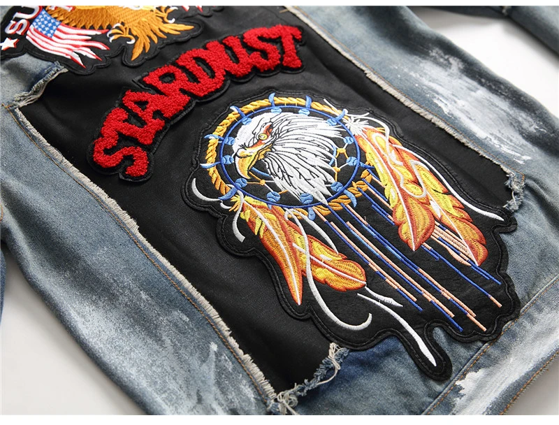 Sokotoo Men's slim American flag embroidered ripped jean jacket Trendy letters birds distressed denim top coat Outerwear