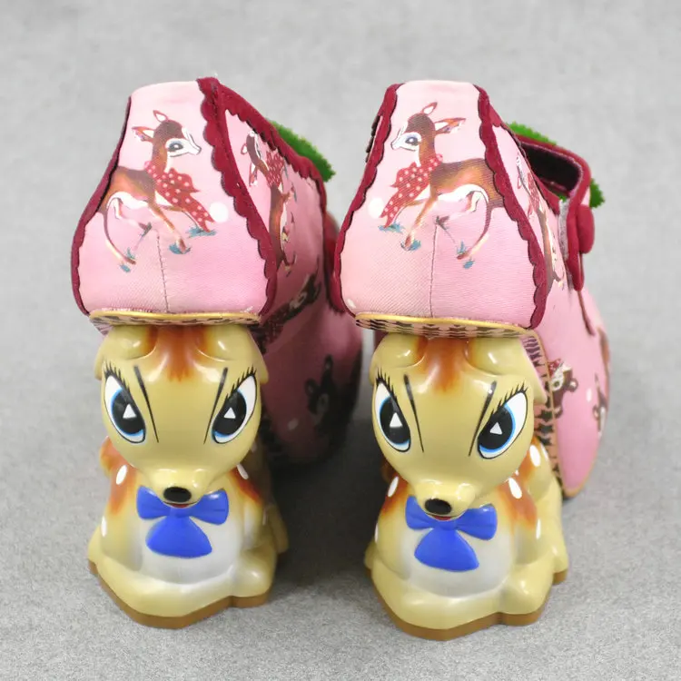 Cute buckle strap deer printing leather shoes irregular little deer heel shoes double cherries high heel shoes