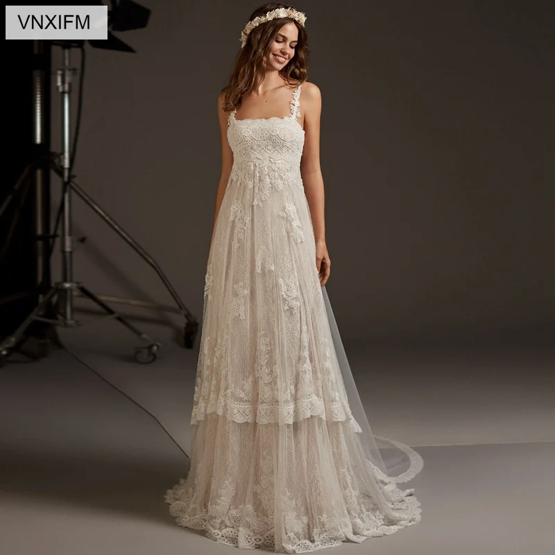 

VNXIFM 2019 New Beach Wedding Dresses Boat Neck Appliques Lace Wedding Gowns Backless Bride Dress Sleeveless Boho vestido novia