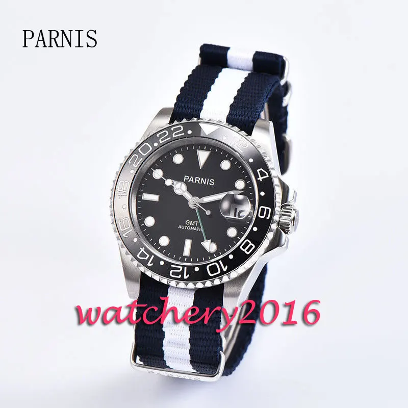 

Casual 40mm Parnis black dial date adjust black ceramic bezel sapphire glass Automatic movement GMT Men's Watch