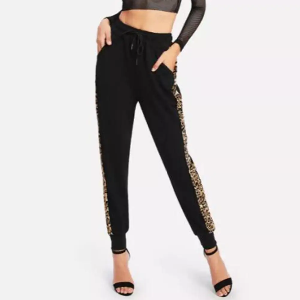 

Women Leopard Print Stripe Drawstring Sweatpants Sports Casual Long Trousers