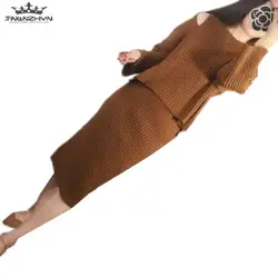 Tnlnzhyn 2019 новый осенний Женский вязаный свитер костюм женский длинный рукав свитер и миди юбки наборы 2 шт. костюмы комплекты Y641