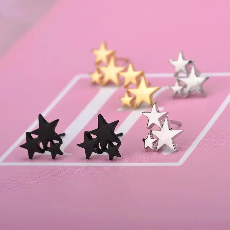 

Trendy Gold Silver Black Star Earring Women's Jewelry Cute Tiny 3 Star Stud Earrings Gift For School Girls Kids Lady.
