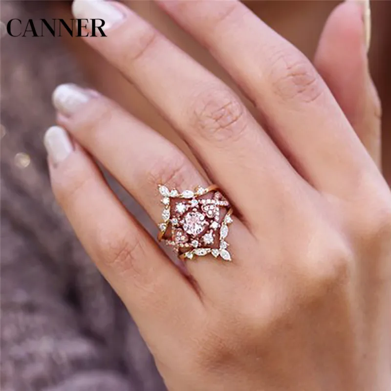 

Canner Crystal Cubic Zirconia Ring Set Rose Gold Wedding Rings Party Engagement Ring For Women Jewelry Gift