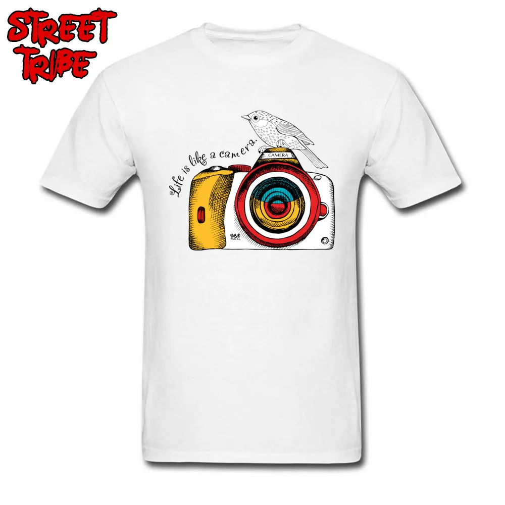 Normal Summer Pure Cotton O Neck Tops Shirt Short Sleeve Cool Tops Shirts Faddish Casual Top T-shirts Drop Shipping cameras and hand painted birds yy white