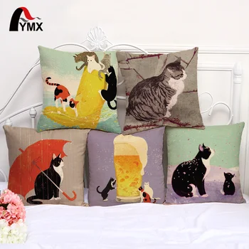 

Animal Colorful Cushion Cover Cat Printed Mandala Cotton and Linen Pillow Case Car Sofa Pillowcase Home Decoration Cover