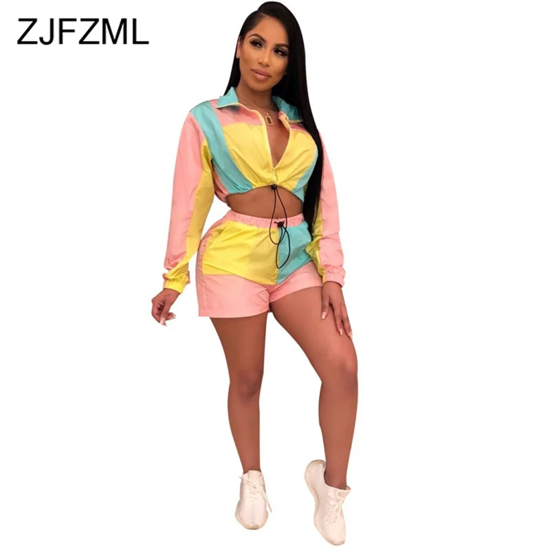 Contrat Color Sexy Two Piece Sets Tracksuit For Women Zipper Up Long Sleeve Crop Top And Bodycon Shorts Casual 2 Pcs Sweatsuits Contrat Color Sexy Two Piece Sets Tracksuit For Women Zipper Up Long Sleeve Crop Top And Bodycon Shorts Casual 2 Pcs Sweatsuits